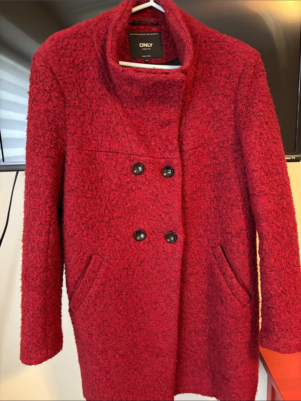 ONLY Red Bouclé Double-Breasted Pea Coat